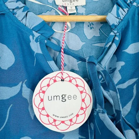 Umgee Blue Teal Floral Notch Neck Balloon Sleeve Tassel Blouse Top New Size S - Picture 11 of 12